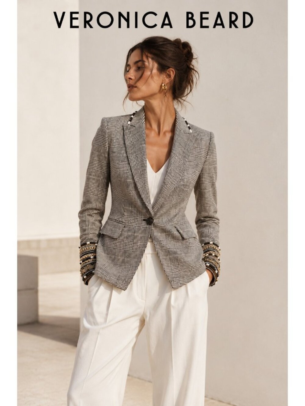Veronica Beard Beaded Cuff Glen Plaid Linen Blend Blazer Jacket Size 00